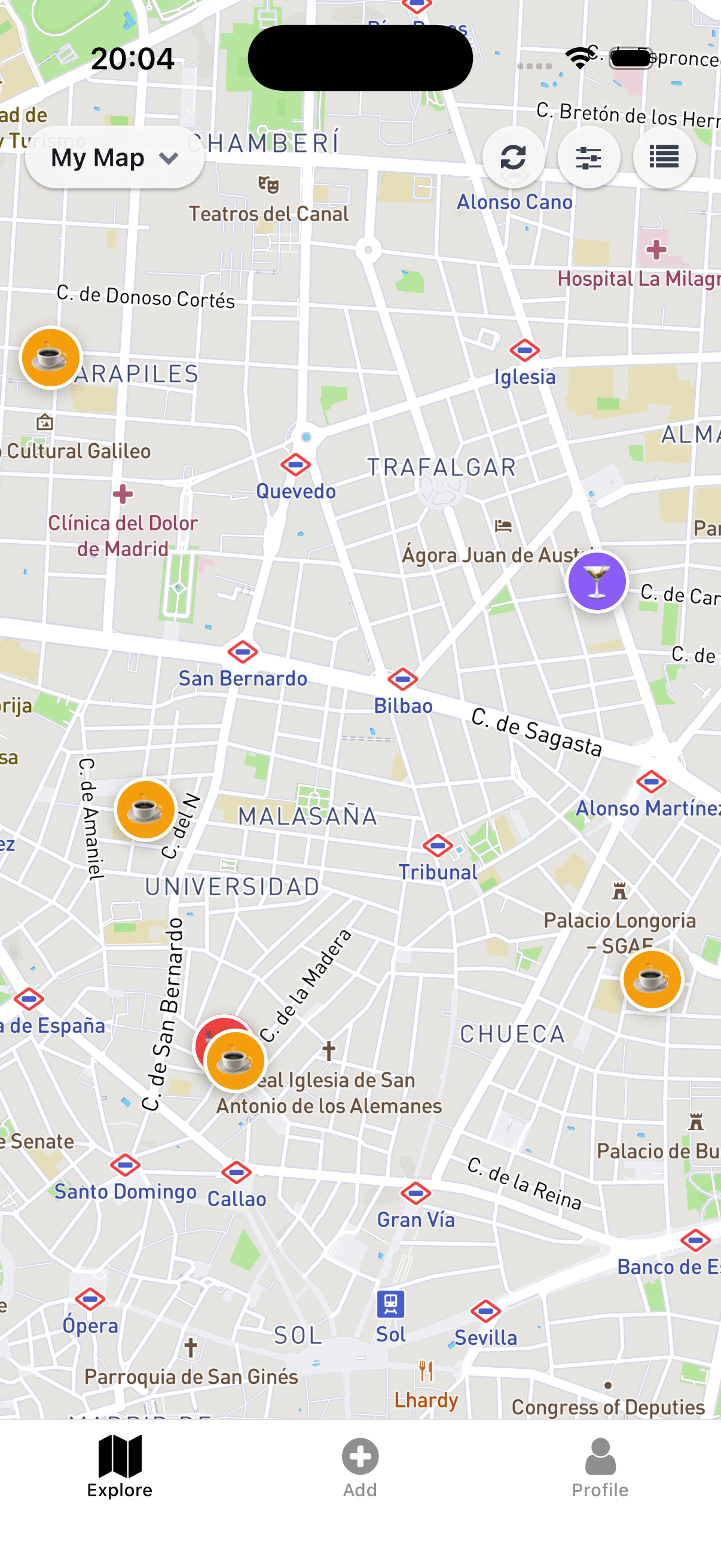 MapVault map view showing colorful emoji pins across a city