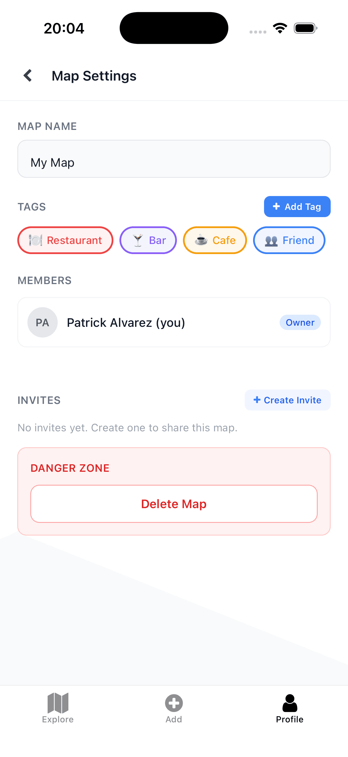 Map settings showing shared members and tags