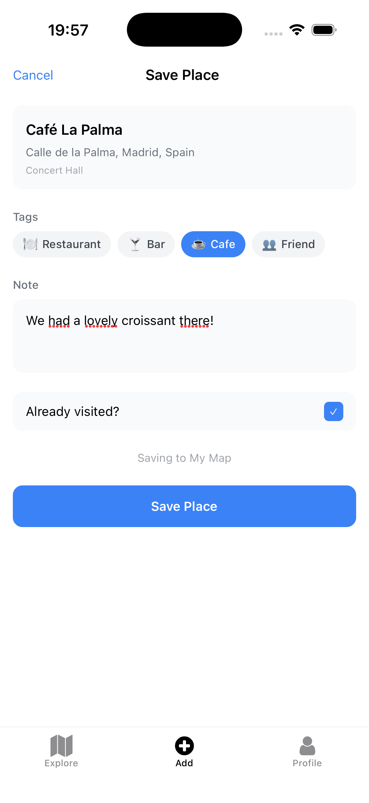 Place detail with notes, tags, and visited toggle